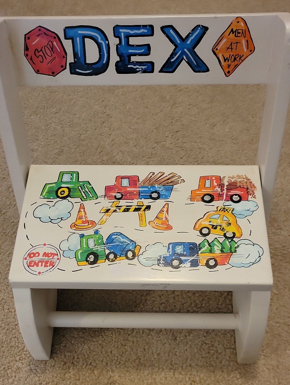 Personalized 'Dex' White Kids Step Stool with Colorful Vehicle Graphics